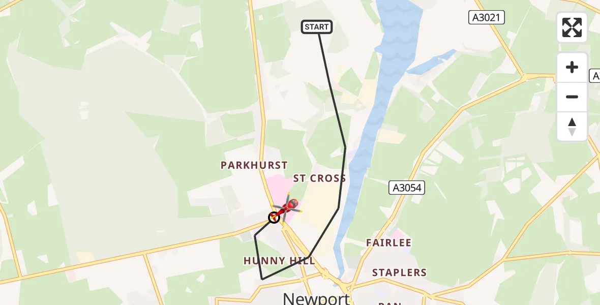 Flight path map showing Air Ambulance Helicopter route from Newport to St Marys Hospital Isle Of Wight