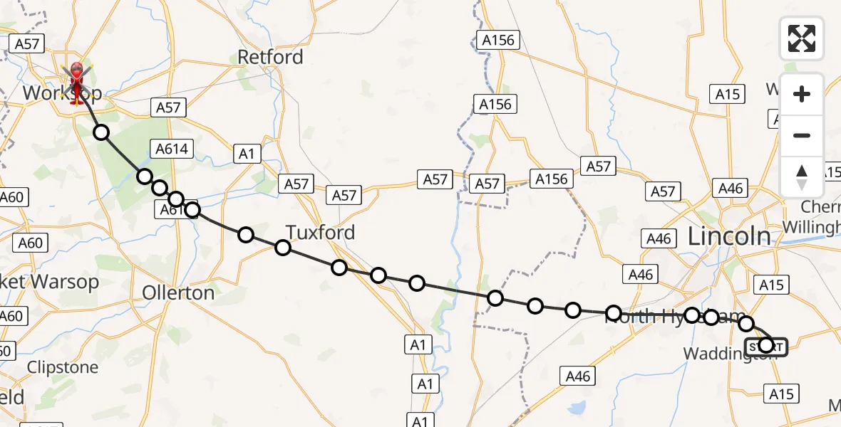Flight path map showing Air Ambulance Helicopter route from RAF Waddington to Worksop
