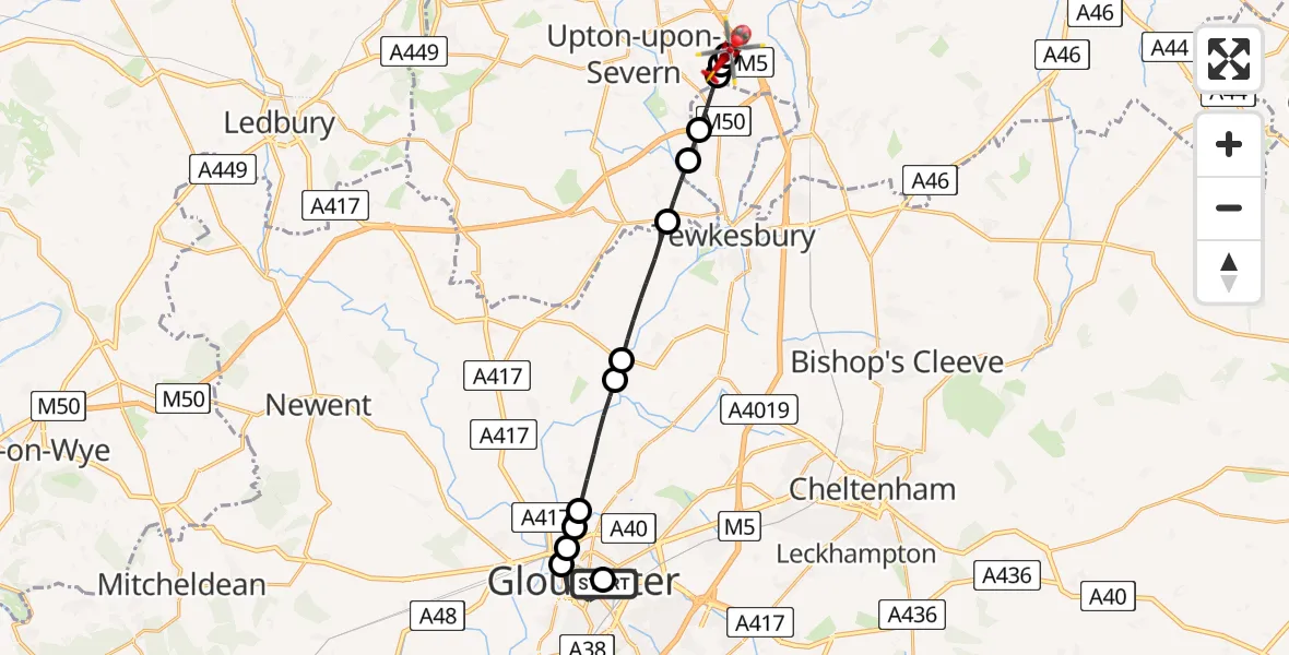 Flight path map showing Air Ambulance Helicopter route from Gloucester Royal Hospital to Upper Strensham