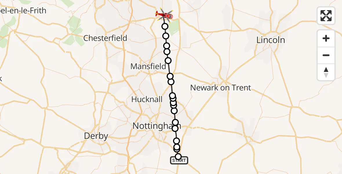 Flight path map showing Air Ambulance Helicopter route from Rushcliffe to Worksop