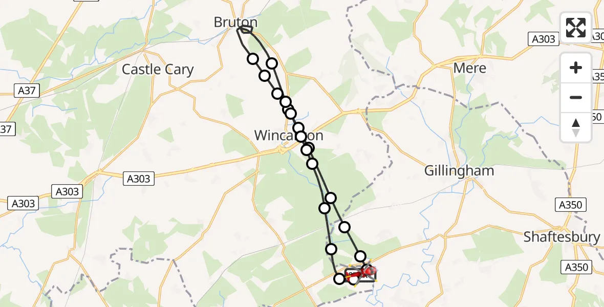 Flight path map showing Air Ambulance Helicopter route from Henstridge Airfield to Henstridge Airfield