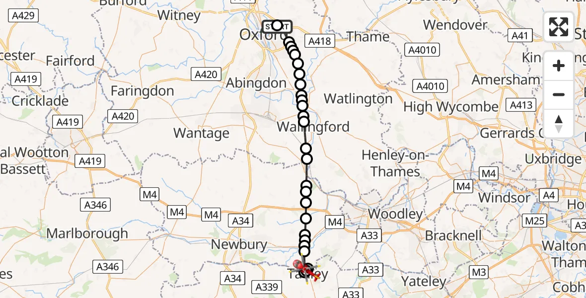 Flight path map showing Air Ambulance Helicopter route from John Radcliffe Hospital to Aldermaston