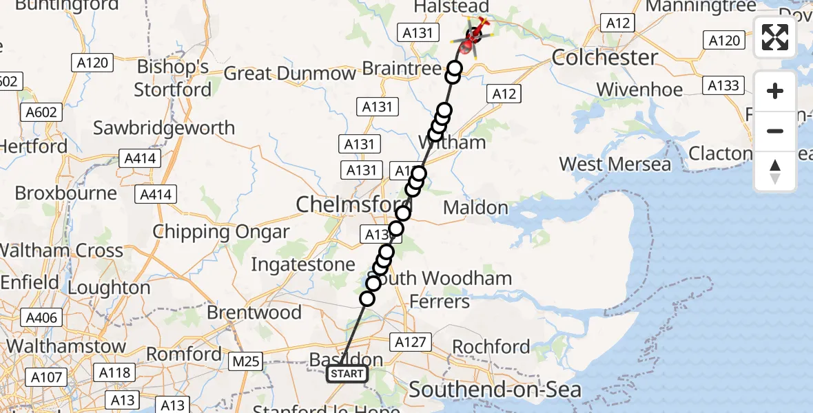Flight path map showing Air Ambulance Helicopter route from Basildon to Earls Colne Airfield