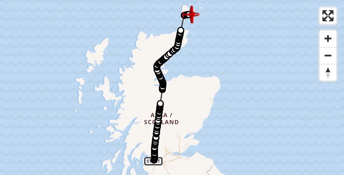 Flight path map showing Air Ambulance Aircraft route from Glasgow Airport to Kirkwall