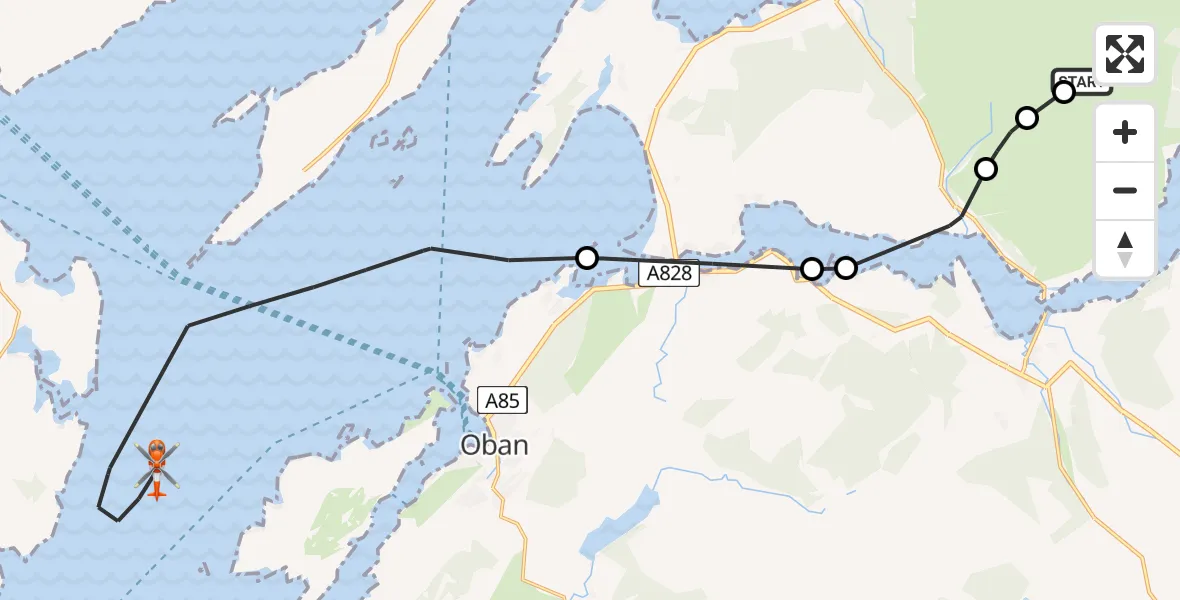 Flight path map showing Coastguard Helicopter route from Coire Cadderlie to Inner Seas