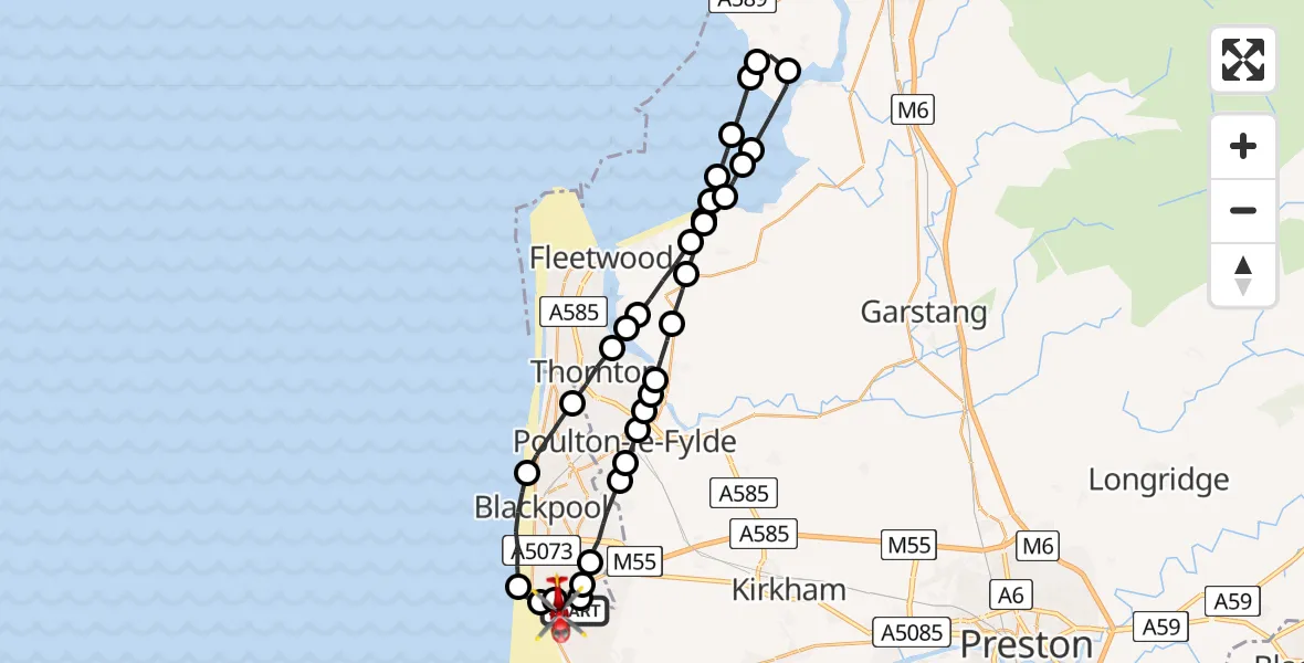 Flight path map showing Air Ambulance Helicopter route from Blackpool Airport to Blackpool Airport
