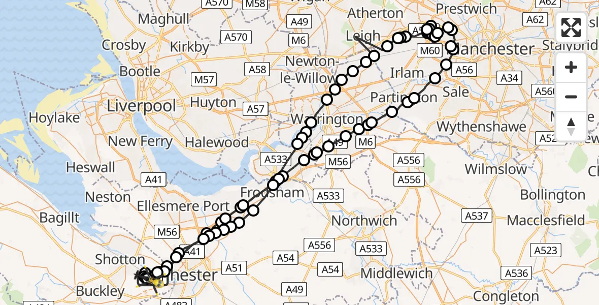 Flight path map showing Police Helicopter route from Hawarden Airport to Hawarden Airport