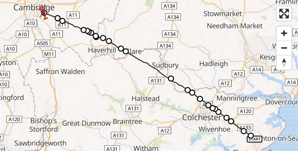 Routekaart van de vlucht: Air Ambulance Helicopter to Cambridge, Birdwood Road