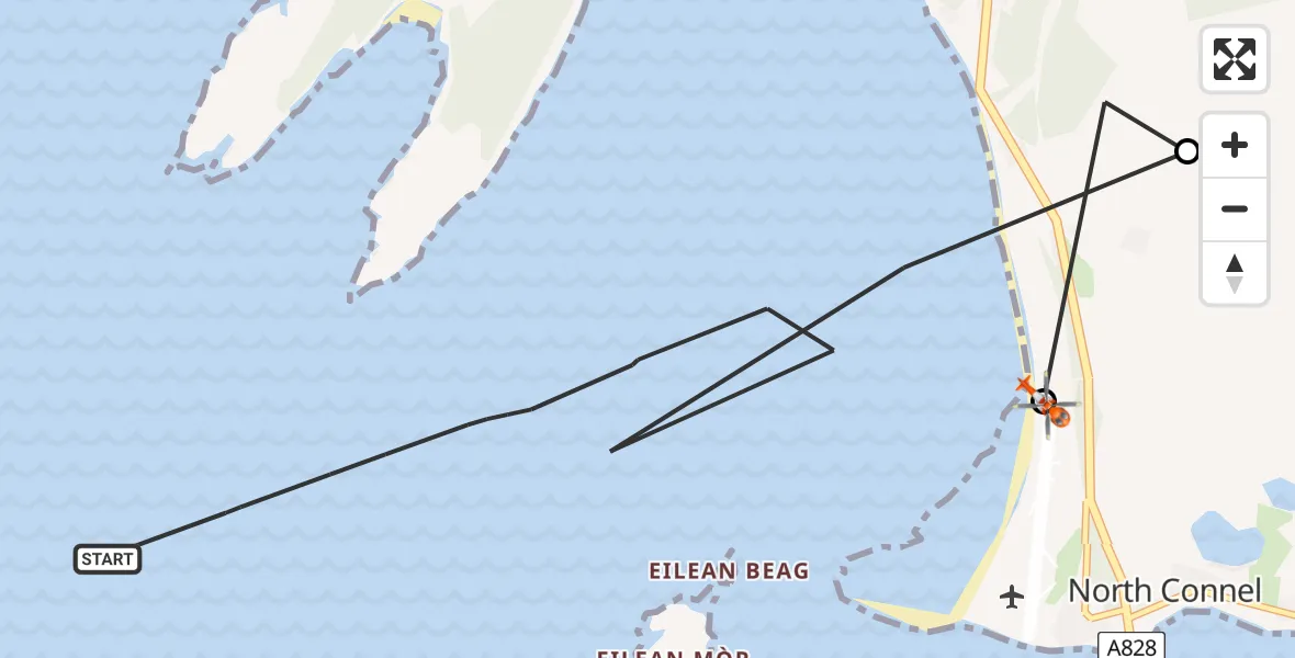 Flight path map showing Coastguard Helicopter route from Inner Seas to Oban Airport