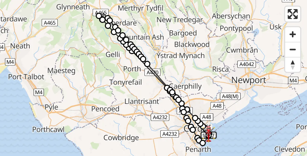 Flight path map showing Air Ambulance Helicopter route from Cardiff Heliport to Cardiff Heliport