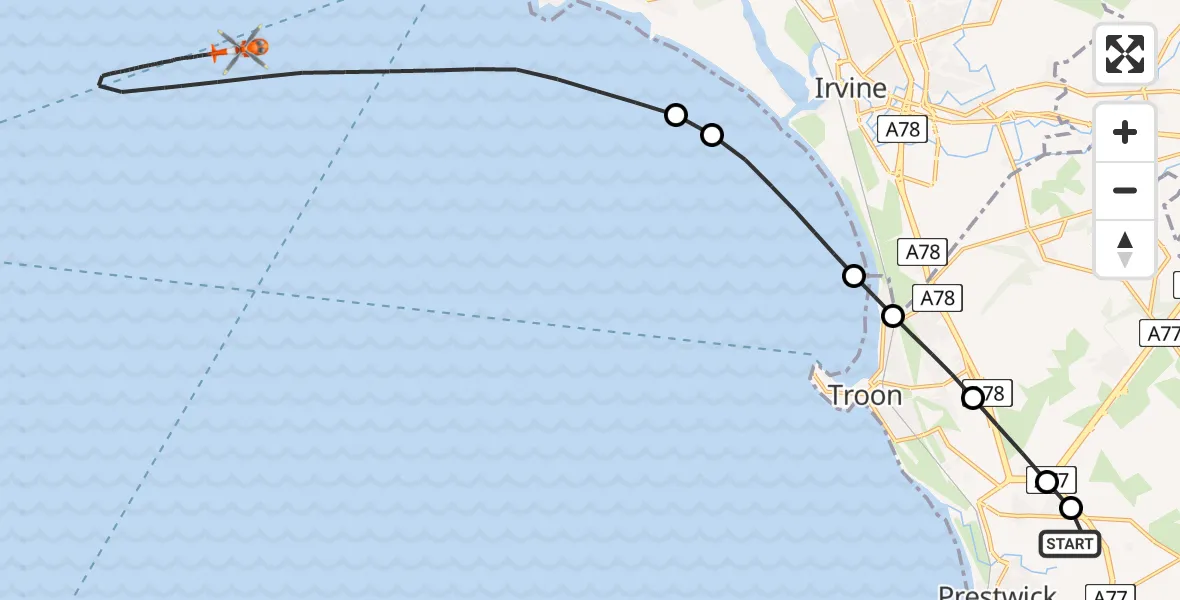 Flight path map showing Coastguard Helicopter route from Glasgow Prestwick Airport to Inner Seas