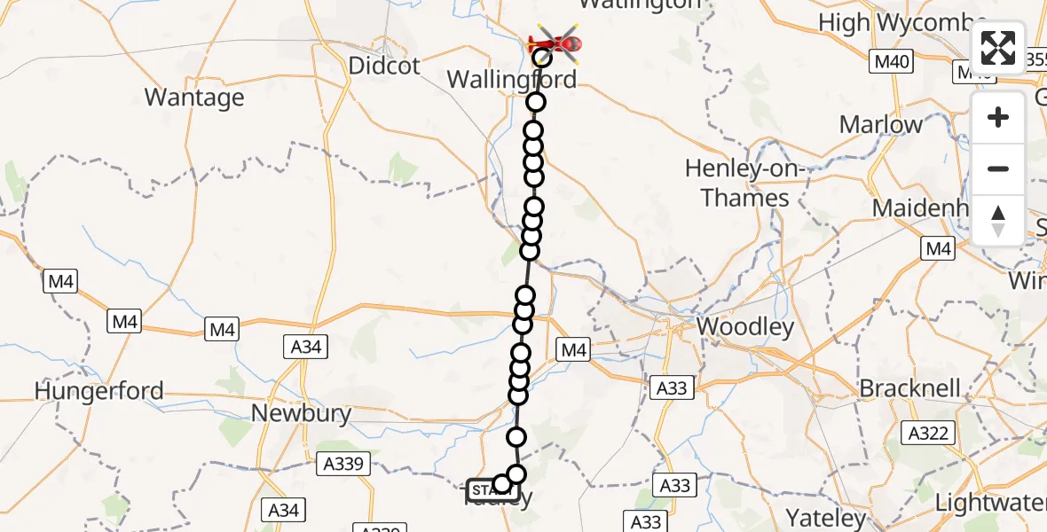 Flight path map showing Air Ambulance Helicopter route from Aldermaston to RAF Benson