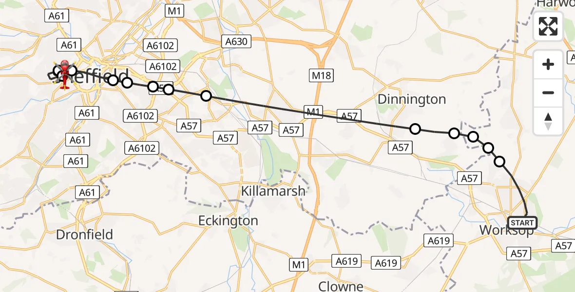 Flight path map showing Air Ambulance Helicopter route from Worksop to Sheffield Childrens Hospital
