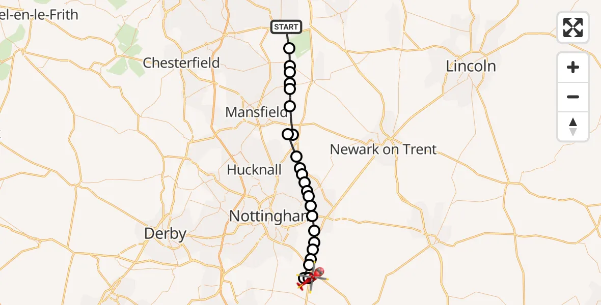 Flight path map showing Air Ambulance Helicopter route from Worksop to Nottingham Heliport