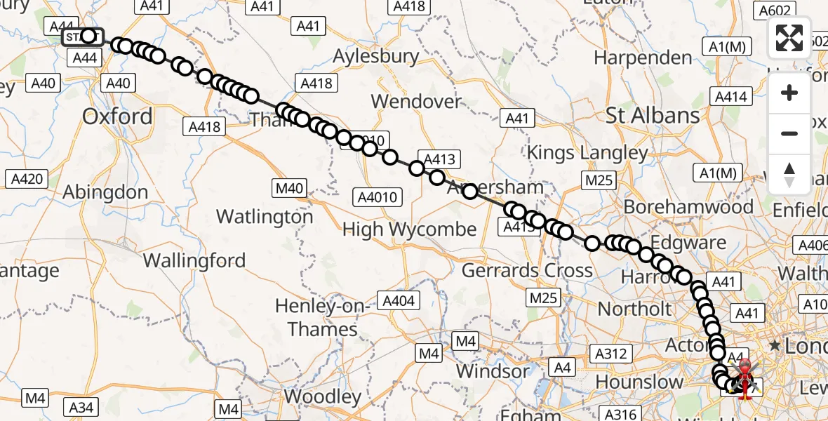 Flight path map showing Air Ambulance Helicopter route from London Oxford Airport to London Heliport