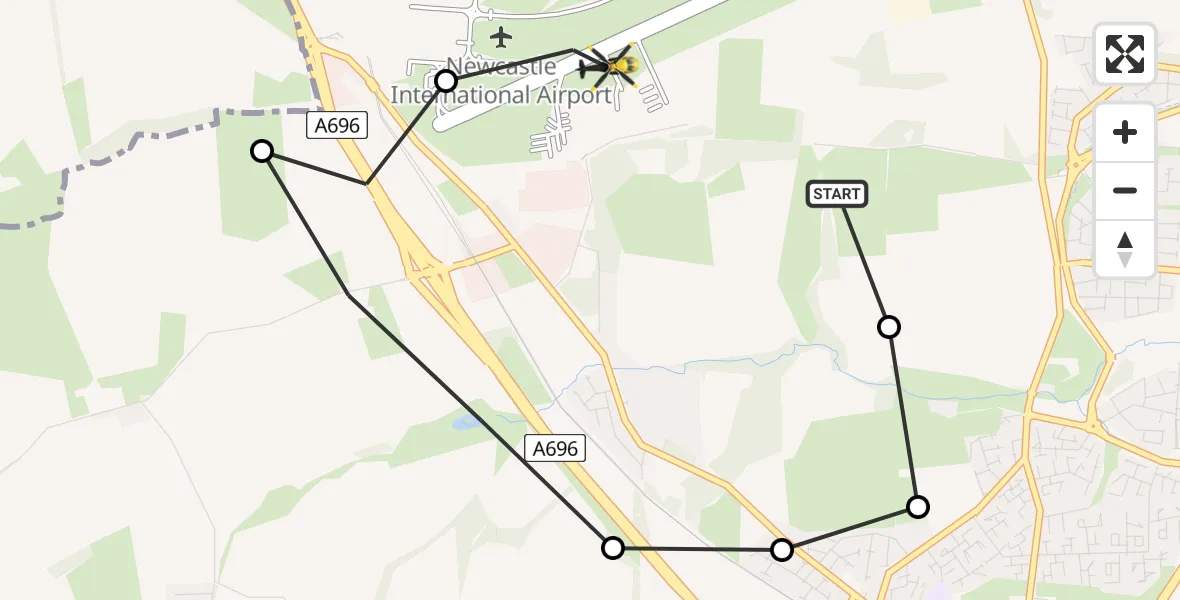Flight path map showing Police Helicopter route from Woolsington to Newcastle International Airport