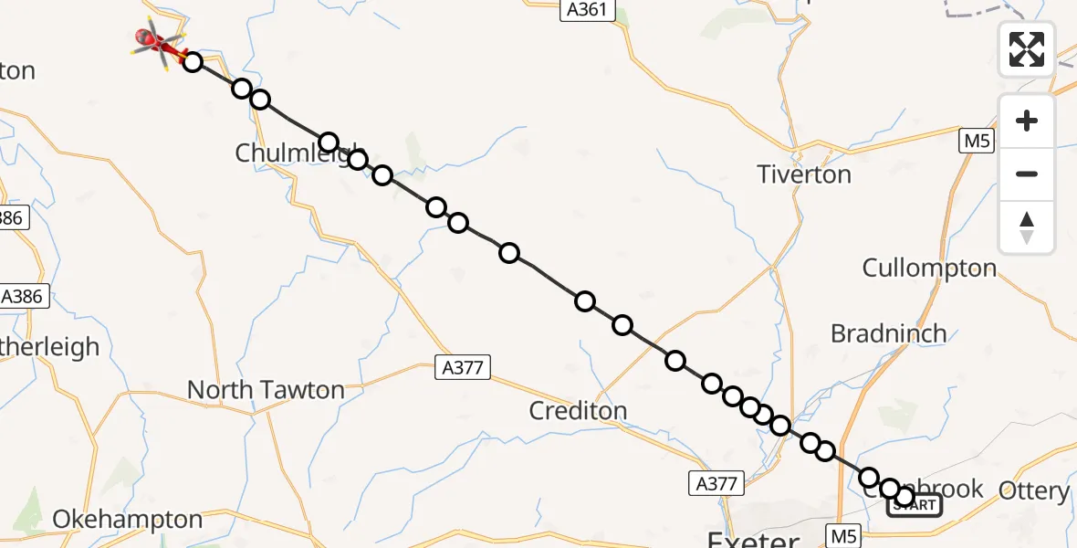 Flight path map showing Air Ambulance Helicopter route from Clyst Honiton to High Bickington