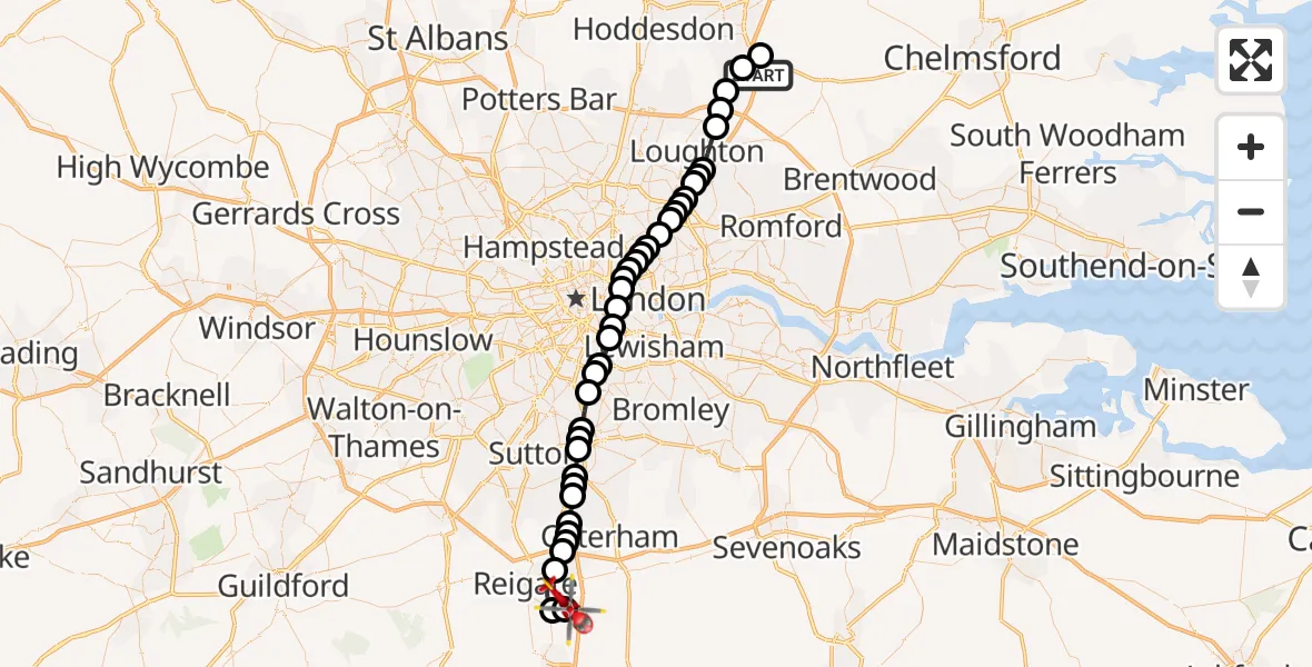 Flight path map showing Air Ambulance Helicopter route from North Weald Airfield to Redhill Aerodrome
