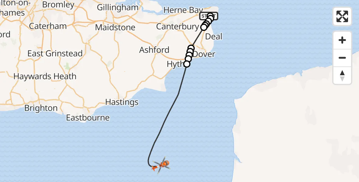 Flight path map showing Coastguard Helicopter route from Manston Airport to English Channel