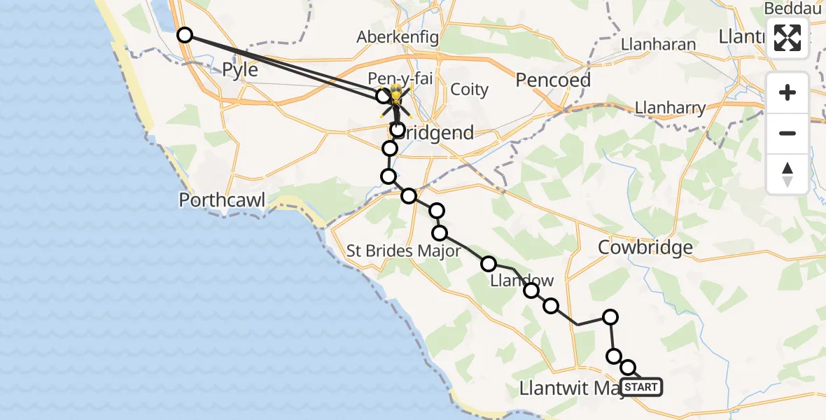 Flight path map showing Police Helicopter route from MOD St Athan to Bryntirion