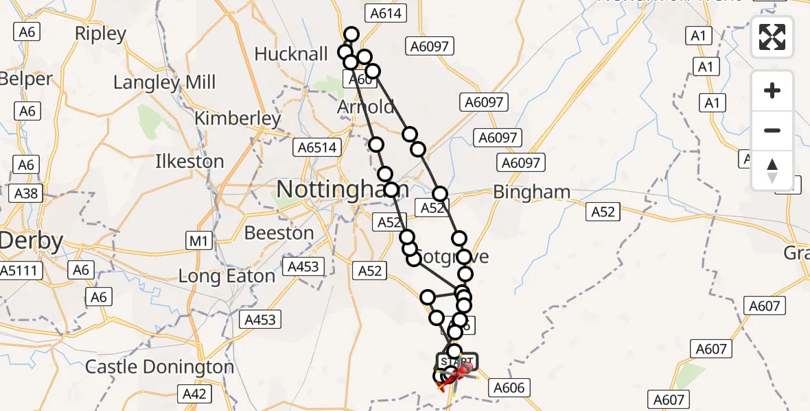 Flight path map showing Air Ambulance Helicopter route from Rushcliffe to Nottingham Heliport