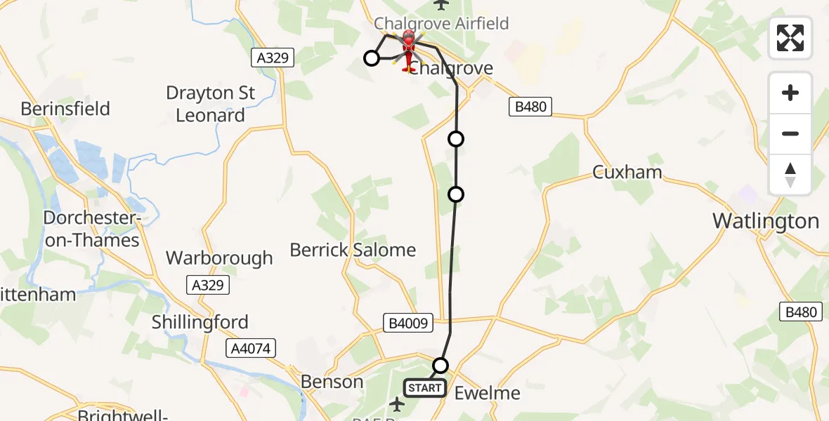 Flight path map showing Air Ambulance Helicopter route from RAF Benson to South Oxfordshire