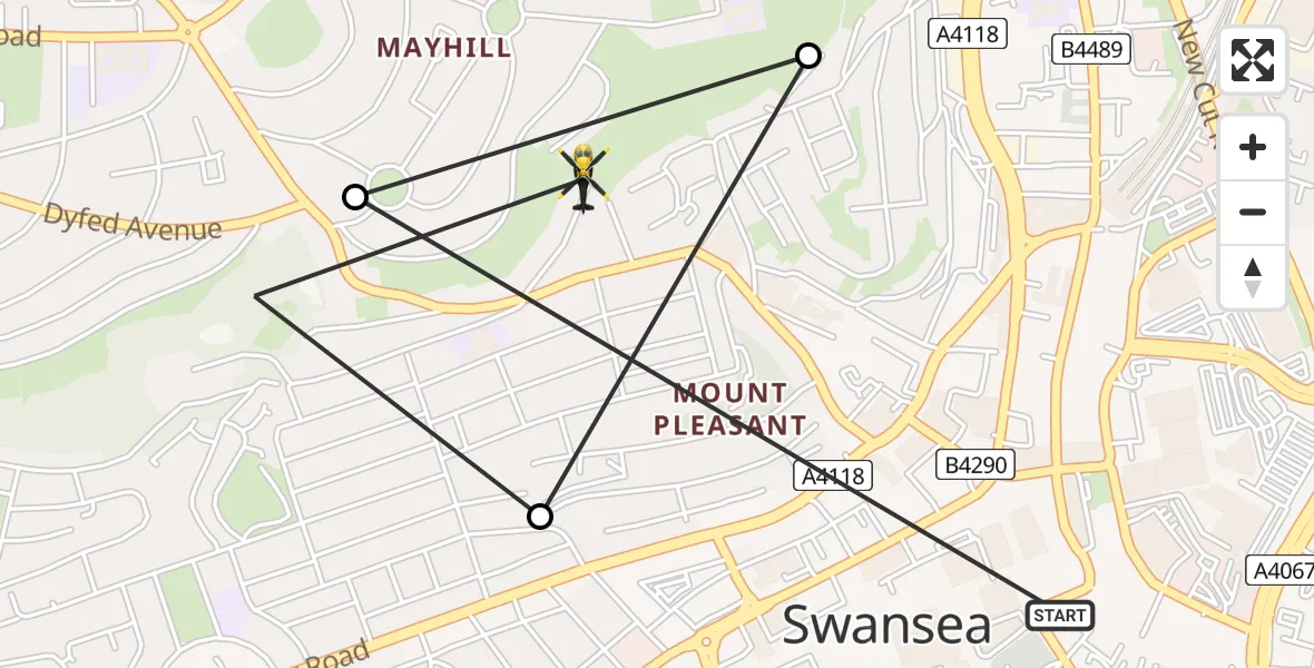 Flight path map showing Police Helicopter route from Mount Pleasant to Mayhill