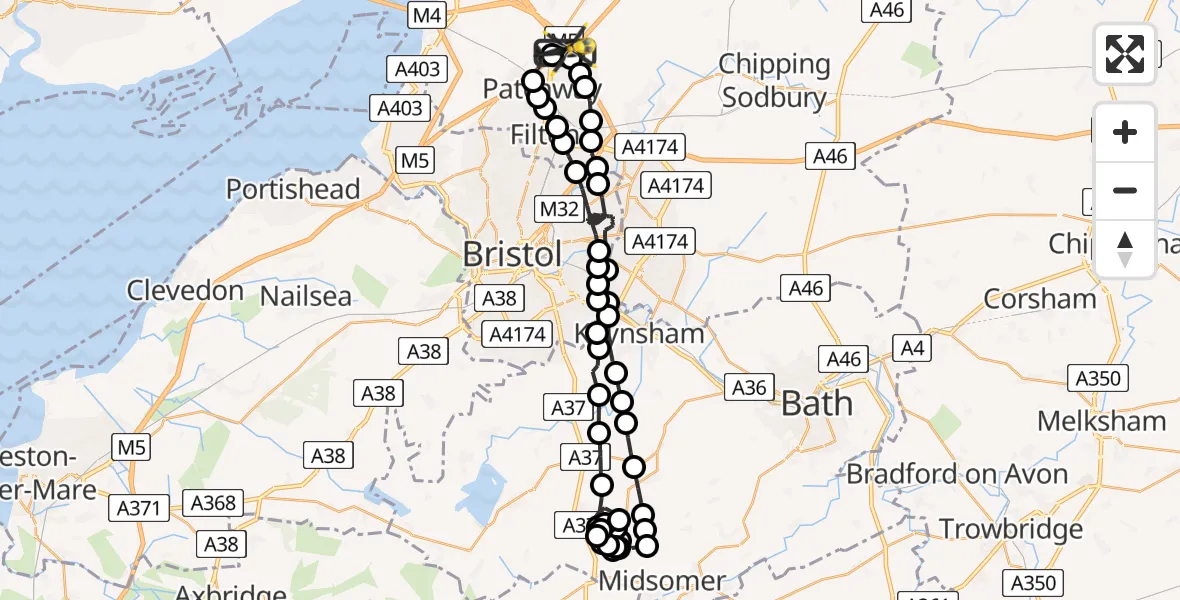 Flight path map showing Police Helicopter route from Almondsbury Helicopter Base to Almondsbury Helicopter Base