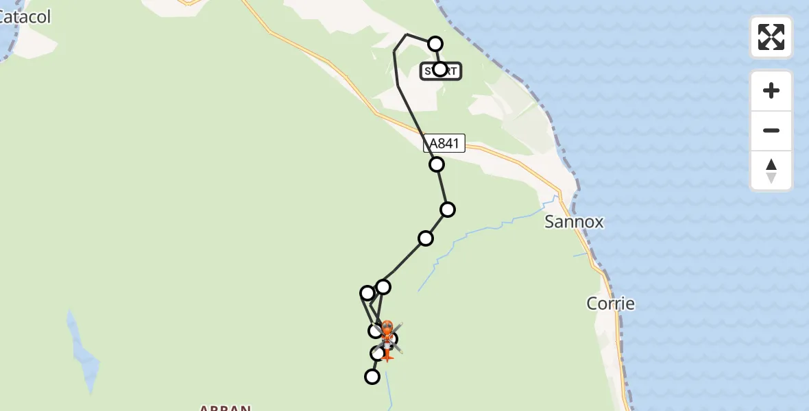 Flight path map showing Coastguard Helicopter route from Lòn nan Cuilc to The Saddle