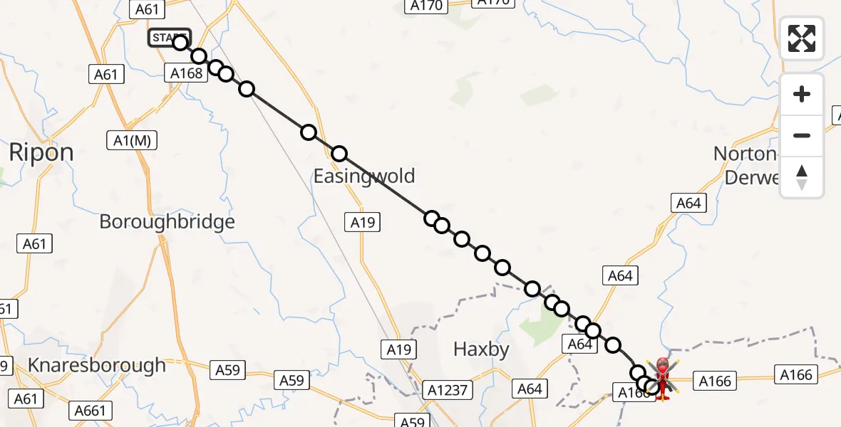 Flight path map showing Air Ambulance Helicopter route from RAF Topcliffe to Skirpenbeck