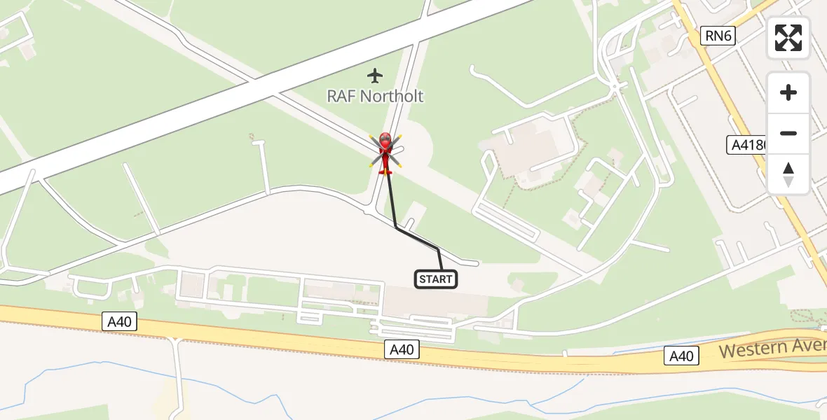 Flight path map showing Air Ambulance Helicopter route from RAF Northolt to RAF Northolt