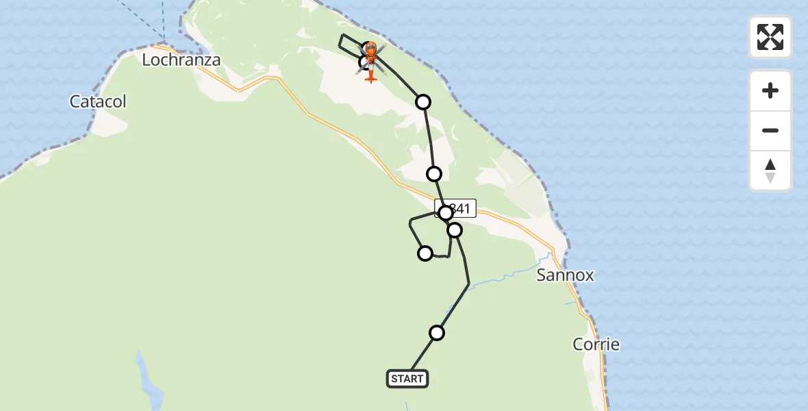 Flight path map showing Coastguard Helicopter route from The Saddle to Crogan