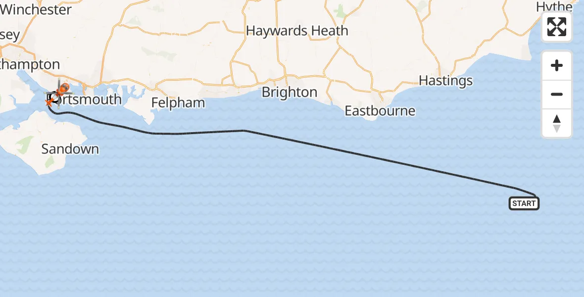 Flight path map showing Coastguard Helicopter route from English Channel to Solent Airport
