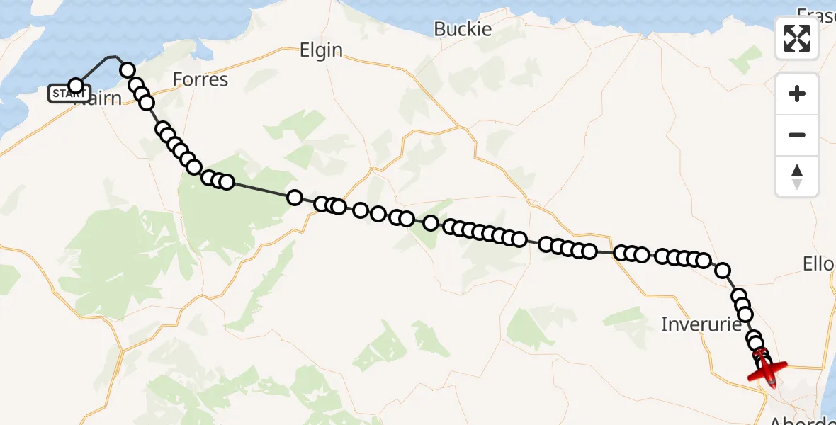 Flight path map showing Air Ambulance Aircraft route from Delnies to Dyce and Stoneywood
