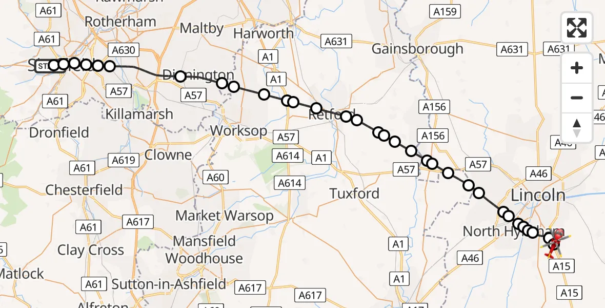 Flight path map showing Air Ambulance Helicopter route from Sheffield Childrens Hospital to North Kesteven