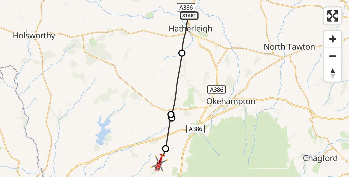 Flight path map showing Air Ambulance Helicopter route from Hatherleigh to Bridestowe