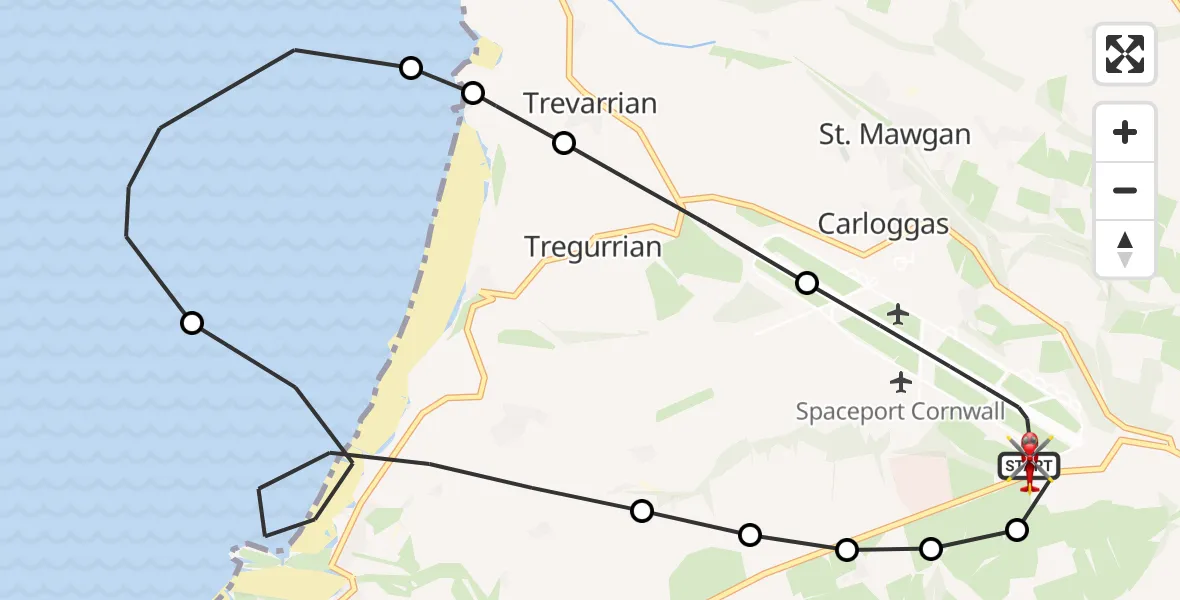 Flight path map showing Air Ambulance Helicopter route from Cornwall Airport Newquay to Cornwall Airport Newquay