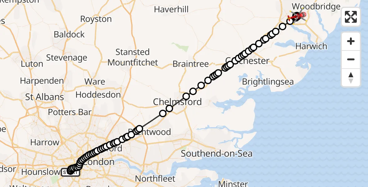 Flight path map showing Air Ambulance Helicopter route from London Heliport to Rushmere St Andrew