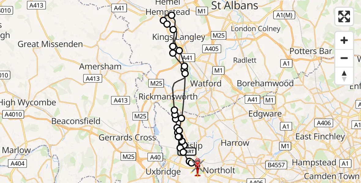 Flight path map showing Air Ambulance Helicopter route from Ruislip to RAF Northolt