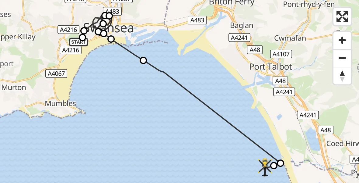 Flight path map showing Police Helicopter route from Singleton to Bristol Channel