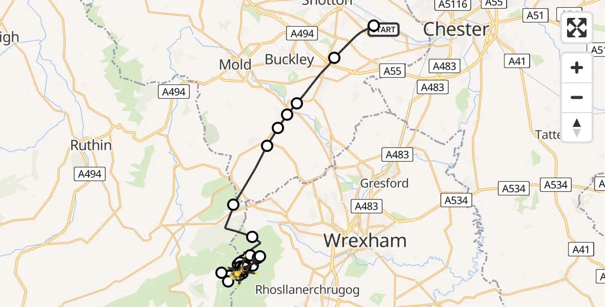 Flight path map showing Police Helicopter route from Hawarden Airport to Llandegla