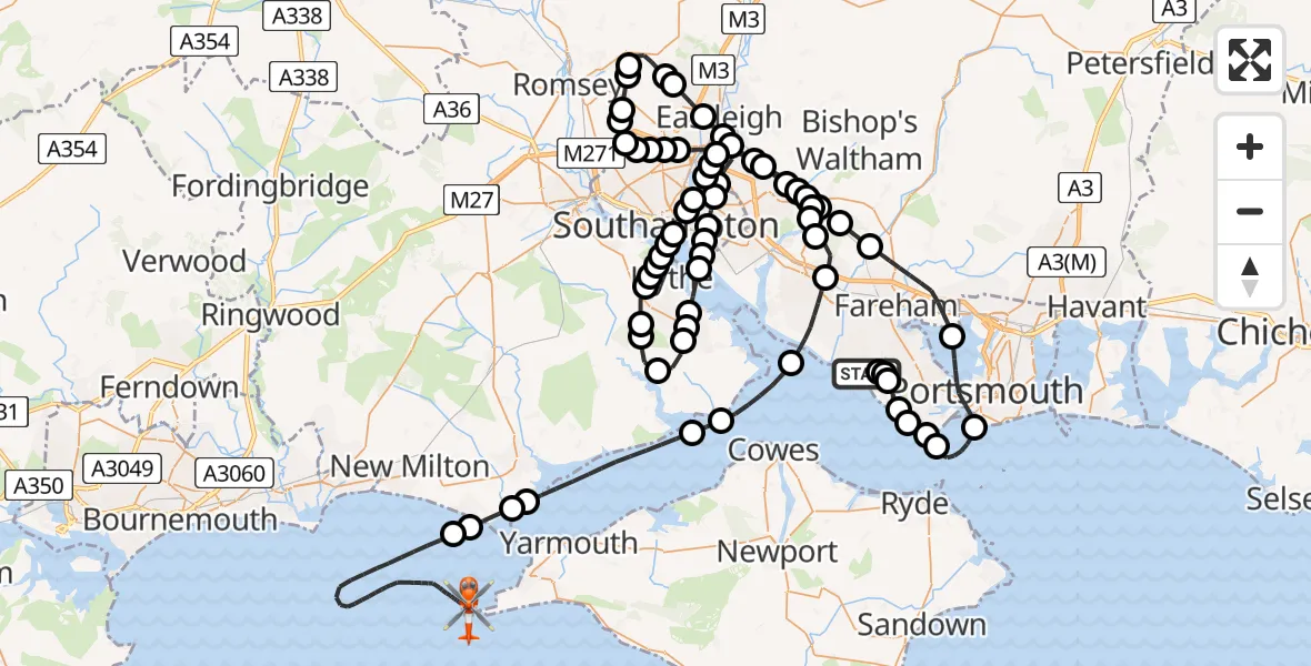 Flight path map showing Coastguard Helicopter route from Solent Airport to English Channel