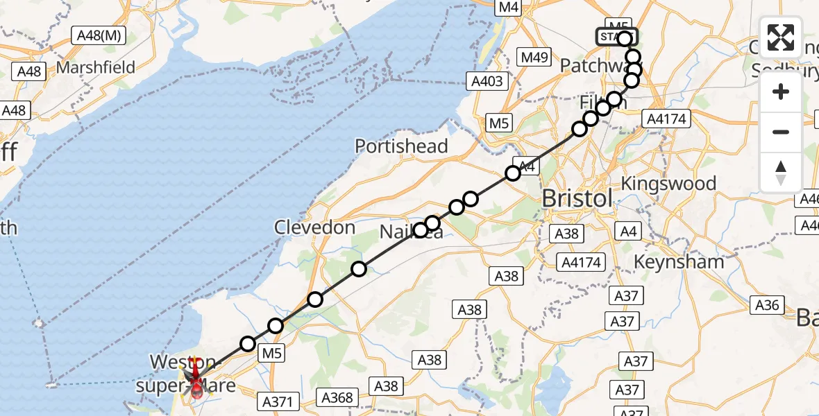 Flight path map showing Air Ambulance Helicopter route from Almondsbury Helicopter Base to Weston-super-Mare