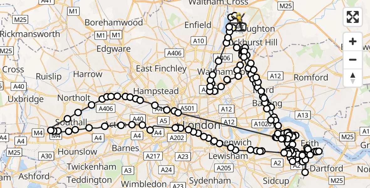 Flight path map showing Police Helicopter route from Sewardstonebury to Sewardstonebury