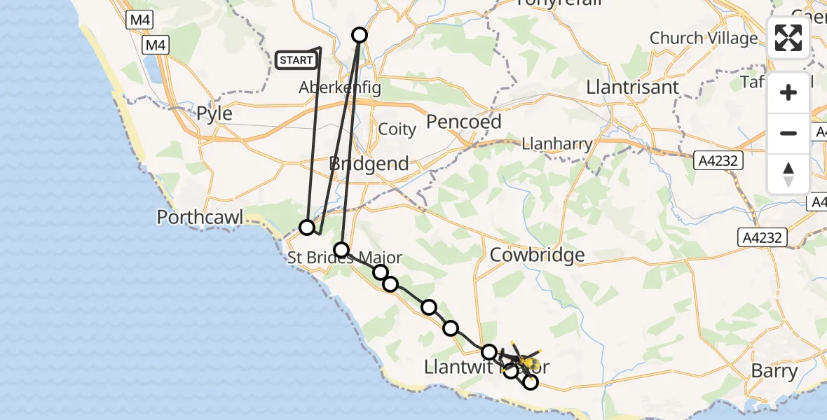 Flight path map showing Police Helicopter route from Llangynwyd Lower to Boverton