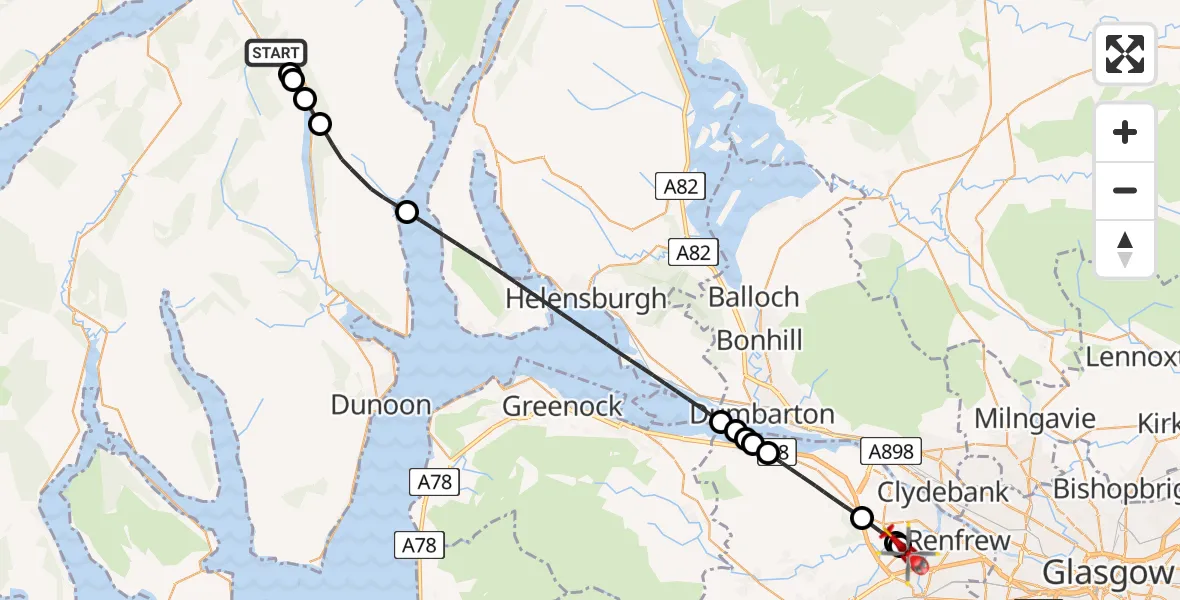 Flight path map showing Air Ambulance Helicopter route from Strachur to Glasgow Airport