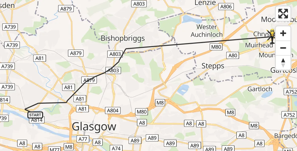 Flight path map showing Police Helicopter route from Glasgow to Moodiesburn