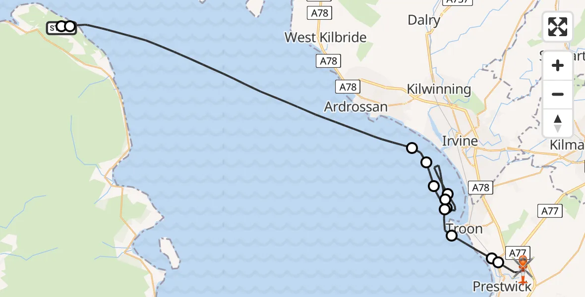 Flight path map showing Coastguard Helicopter route from Cuithe to Glasgow Prestwick Airport