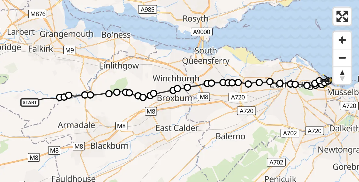 Flight path map showing Police Helicopter route from Dykehead to City of Edinburgh