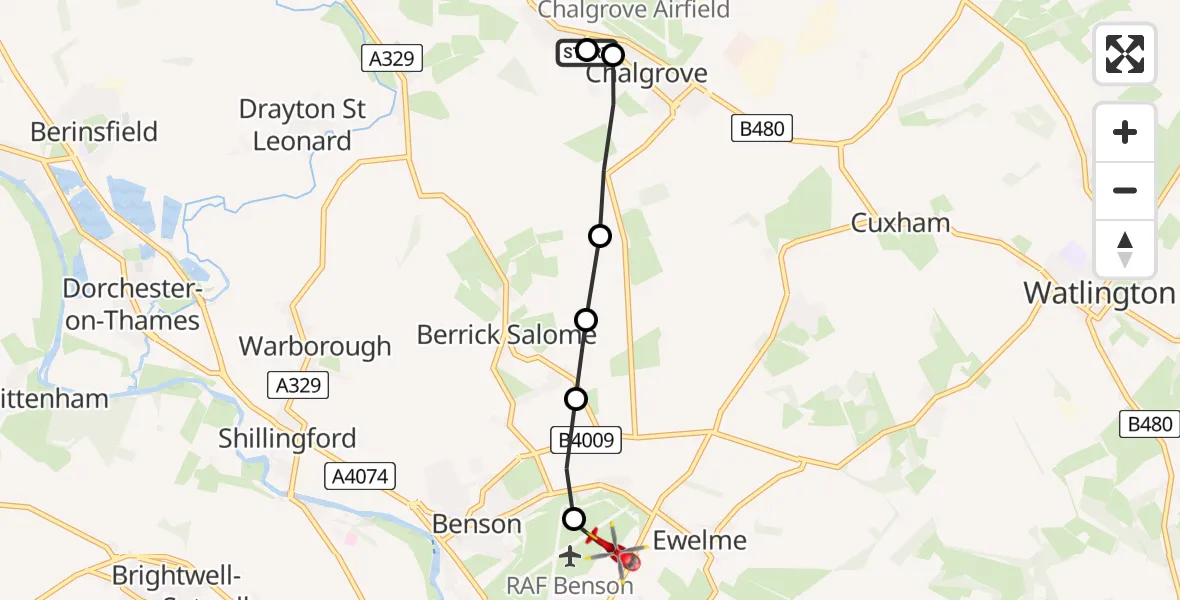 Flight path map showing Air Ambulance Helicopter route from Chalgrove Airfield to RAF Benson